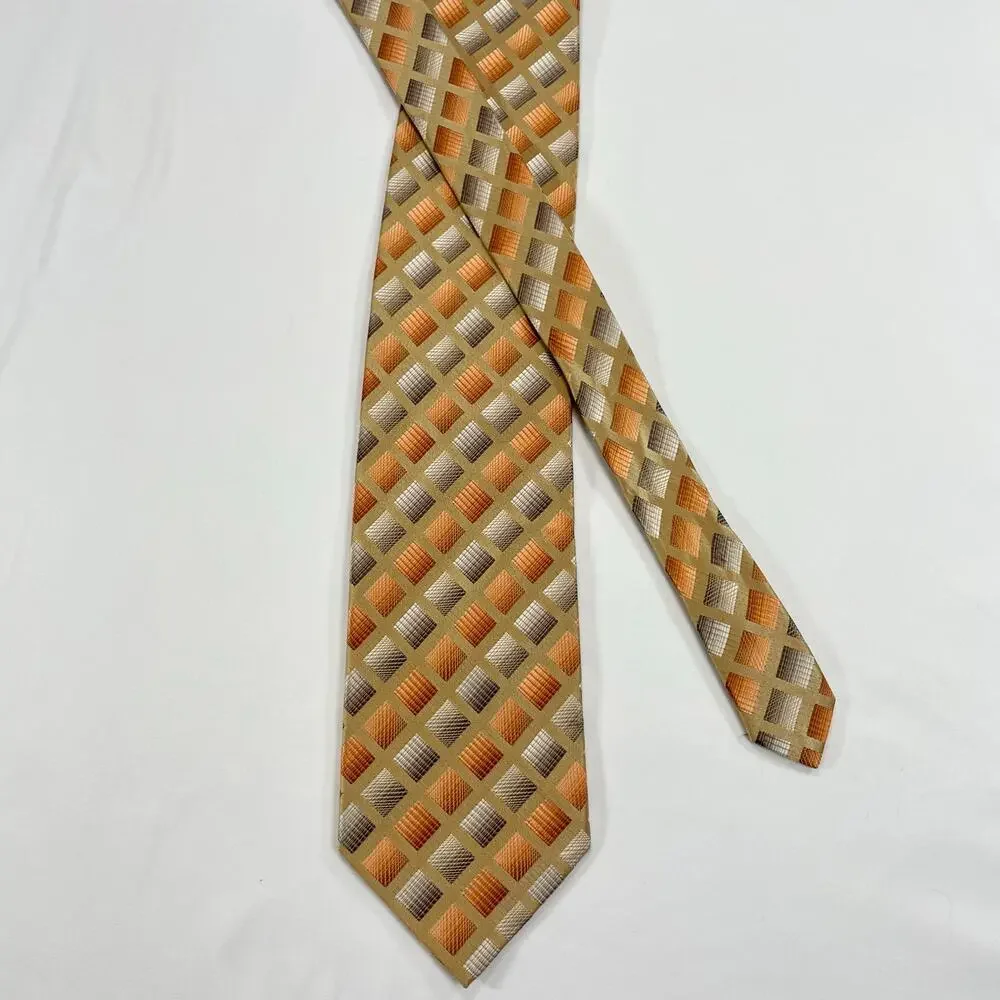 Vintage Bruno Conte Silk Necktie Geometric Check Tan Gold Orange Brown Mens 4